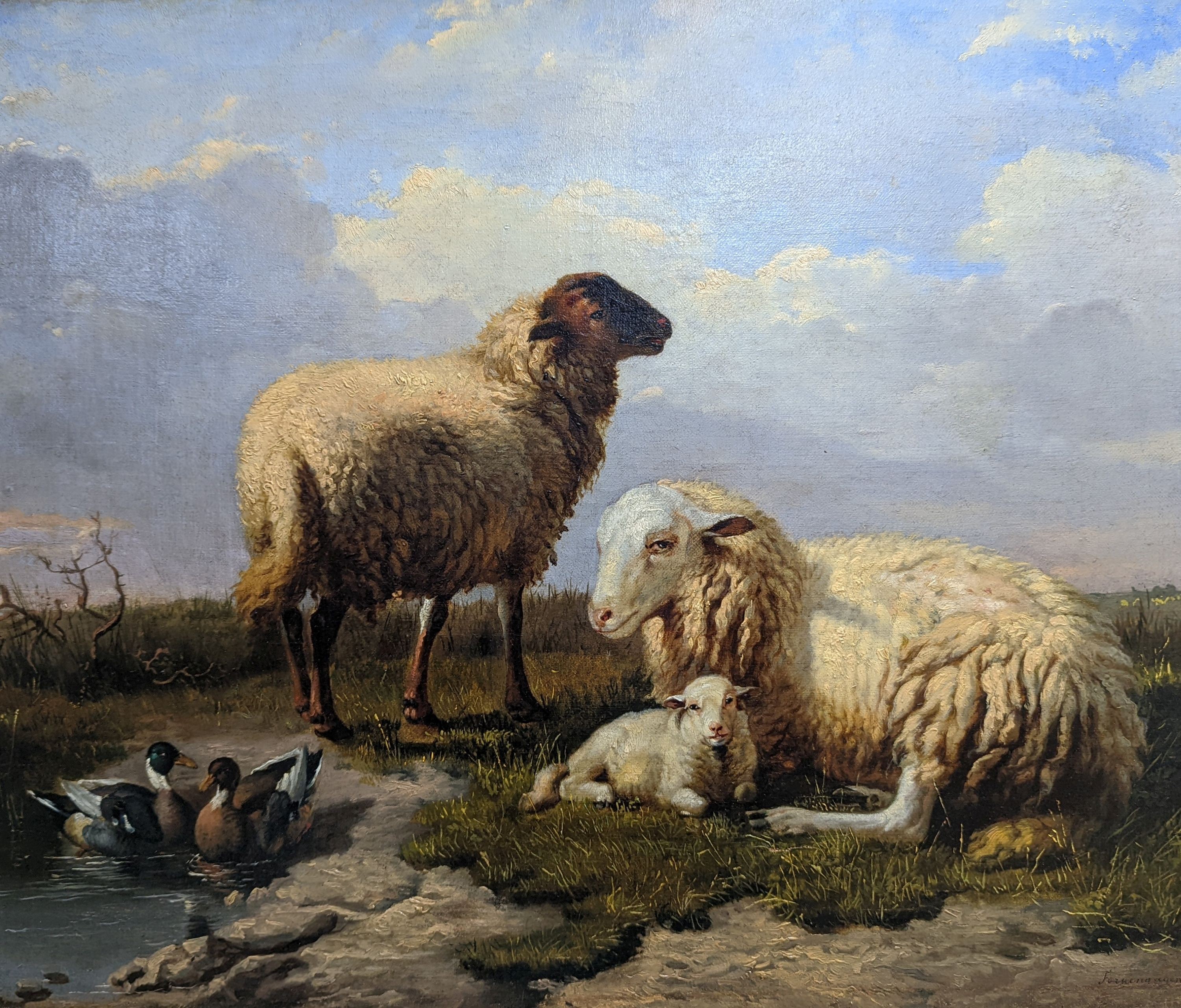 19th Century Dutch School, oil on canvas, Sheep and ducks in a landscape, indistinctly signed, 53 x 61cm